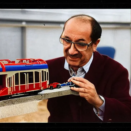 Image similar to alfredo perez rubalcaba playing with train toys