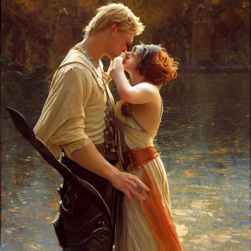 Image similar to attractive arthur pendragon confesses his love to attractive male merlin. highly detailed painting by gaston bussiere, craig mullins, j. c. leyendecker 8 k