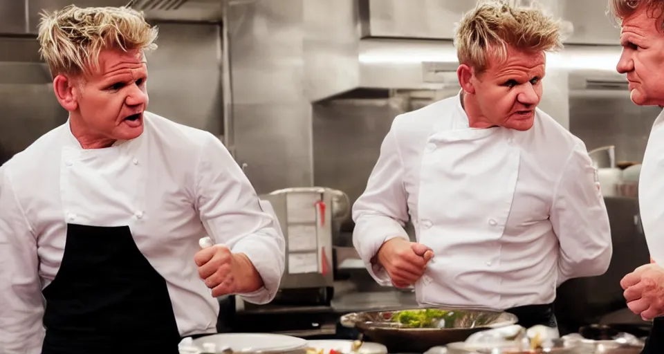 Image similar to photo of angry furious Gordon Ramsay punching Gordon Ramsay at the kitchen