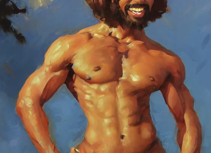 Prompt: a highly detailed beautiful portrait of a short brown haired brown skinned genie, with abs, smiling, by gregory manchess, james gurney, james jean