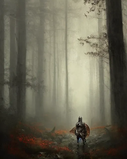 Image similar to Hyper realistic painting of a knight in full plate armor that has completely turned to rust, hyper detailed, surrounded by a dark forest, fog, moody, creepy, cinematic lighting, by greg rutkowski, trending on artstation