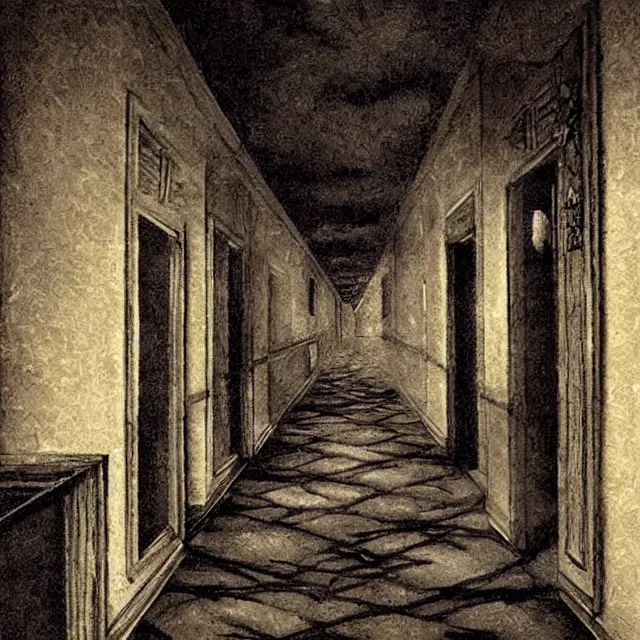 Prompt: ultra - realistic painting gothic 1 9 2 0 s hotel hallway crumbling into a horrifying cosmic sky, atmospheric lighting, dark, brooding, foreboding, fine details, realistic shading