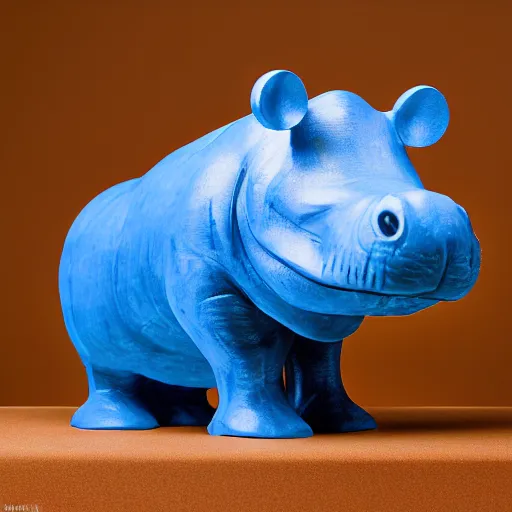 Prompt: a photo of a model hippo made of repurposed brown wood composite mixed with straight lines blue epoxy resin, dramatic lighting, studio zeiss 1 5 0 mm f 2. 8 hasselblad, award - winning photo