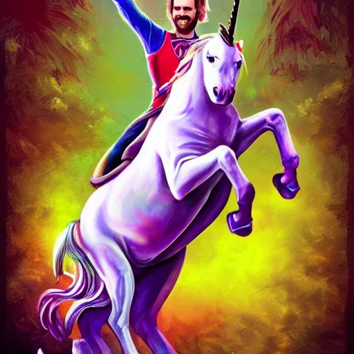 Image similar to felix kjellberg riding a unicorn, pointing, wearing a crown, paradise landscape, vivid colors, pastelle, digital art, trending on artstation