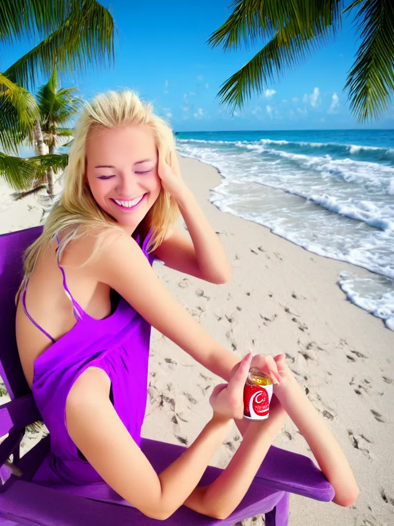 Prompt: a smile blond girl lay on chair hold coke in beach, rose, palm tree, violet evergarden