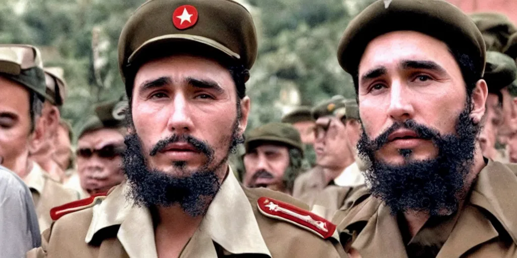 Prompt: James Franco as Fidel Castro in 'Good Morning, Cuba' (2023), movie still frame