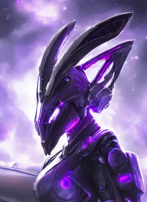 Image similar to cinematic close shot, cosmic sized proportional stunning beautiful hot female warframe, detailed sleek robot mecha female dragon head, metal ears glowing purple oled eyes, mawshot, sleek silver armor, floating in empty space, nebula sized, epic proportions, epic size, epic scale, furry art, dragon art, giantess art, warframe fanart, furaffinity, deviantart