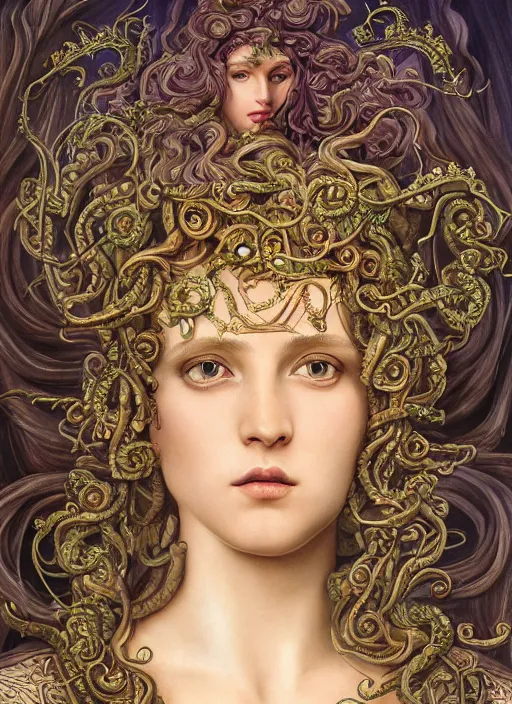 Image similar to ultradetailed ornate pre-raphaelite RPG illustration of a beautiful symmetric Medusa radiating a glowing aura wearing an art nouveau flowery armor with much decorum, digital airbrush painting, 3d rim light, hyperrealistic masterpiece, artstation, cgsociety, kodakchrome, golden ratio