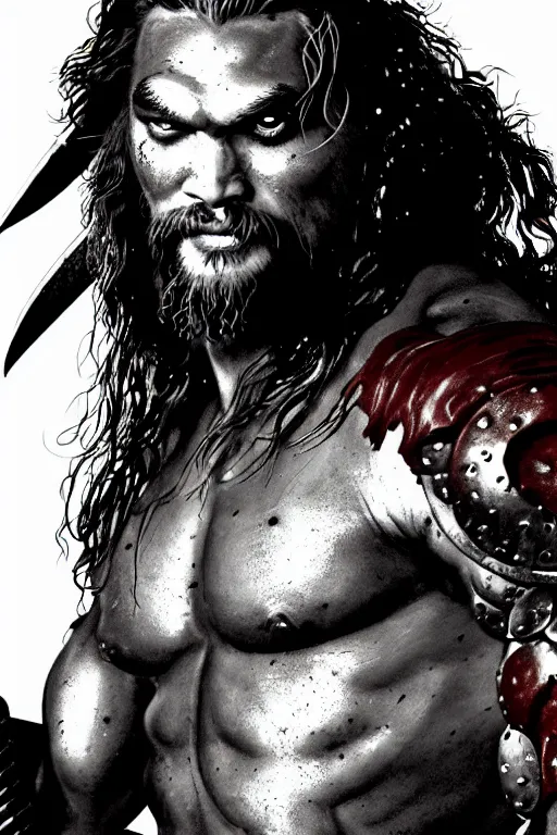 Image similar to closeup portrait of jason momoa conan the barbarian thor fighting zombies on a post apocalyptic battlefield, wearing royal crimson fantasy ornate spartan dragon scale armor, volumetric lighting, wet skin and windblown hair, muscular!!!, battle action pose, frank frazetta, boris vallejo, greg rutkowski cinematic light, frank miller, ridley scott, high contrast