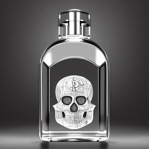 Prompt: crystal skull cologne bottle, clear liquid, with silver runes on it, photorealistic, product photography, 3D