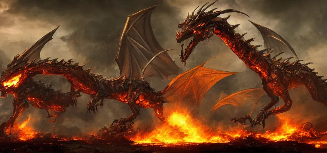 Image similar to a mecanic dragon with big mouth destroy a building with fire in the night, dark fantasy, apocalypse