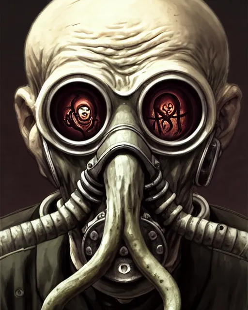 Prompt: a male zombie with gasmask old man | | elderly - face, wrinkled face, realistic shaded perfect face, fine details. anime. tentacles, cthulu, eldritch abomination, dunwitch horror, realistic shaded lighting poster by greg rutkowski, magali villeneuve, artgerm, jeremy lipkin and michael garmash and rob rey