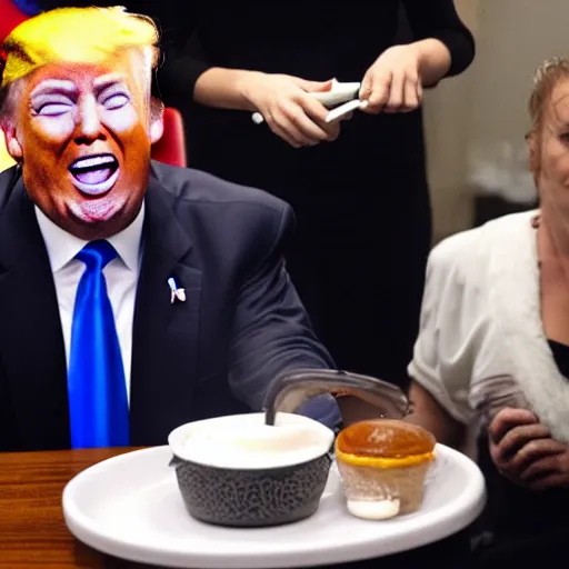 Image similar to crying donald trump in a highchair with pudding on face, gettyimages,