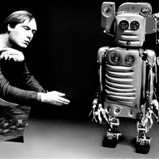 Image similar to a man and a robot in a moment of jealousy, movie still, Movie by Andrzej Zulawski and David Lynch