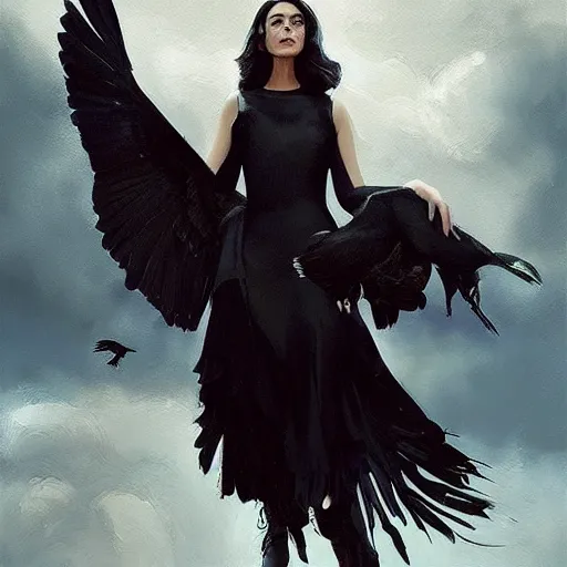 Image similar to morning, a woman in a black dress with a raven for head. sun, cinematic, clouds, vogue cover style, contracting colors mood, realistic painting, intricate oil painting, high detail, figurative art, multiple exposure, poster art, 3 d, by simon bisley, ismail inceoglu, wadim kashin, filip hodas.