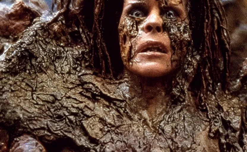 Image similar to film still of a mud - covered sigourney weaver as major dutch hiding behind a rock from the predator in predator 1 9 8 7, hd, 8 k