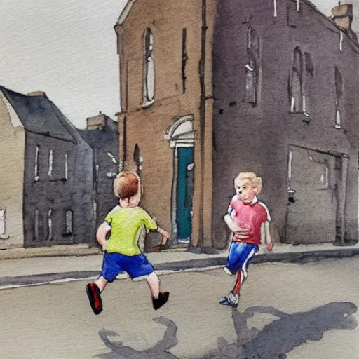 Prompt: a young boy is running along a street in bellshill, scotland, while his father chases him. watercolour