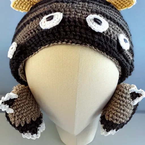 Image similar to a crocheted raccoon hat, very detailed animal hat, cute details, product photo, promotional image