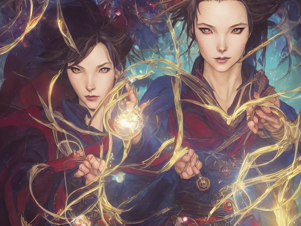 Image similar to anime key visual of a beautiful female doctor strange, marvel comics, spells, magic, intricate, magical village, stunning, highly detailed, digital painting, artstation, smooth, hard focus, illustration, art by artgerm and greg rutkowski and alphonse mucha