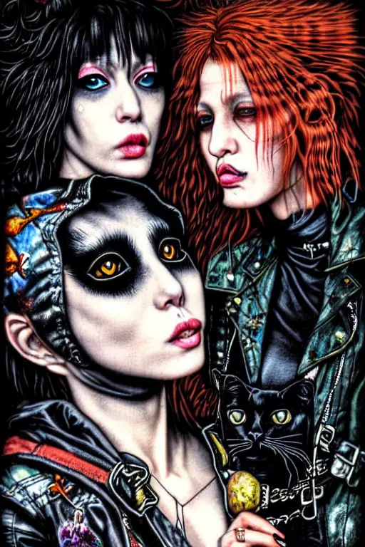 Image similar to punk rock girls kissing and making selfie with black cats in jungle , 1980 style by by Ayami Kojima, mad max jacket, post apocalyptic, Cyberpunk, renaissance, Gothic, mystic, highly detailed, digital painting, 4k, fog, oil painting by Leonardo Da Vinci, hyper realistic style, fantasy by Olga Fedorova