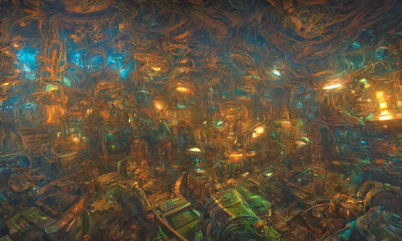 Image similar to a beautiful painting of an elaborate utopian sci - fi scene painted by hr giger and lisa frank, detailed, unreal engine, volumetric lighting, shadows, reflections