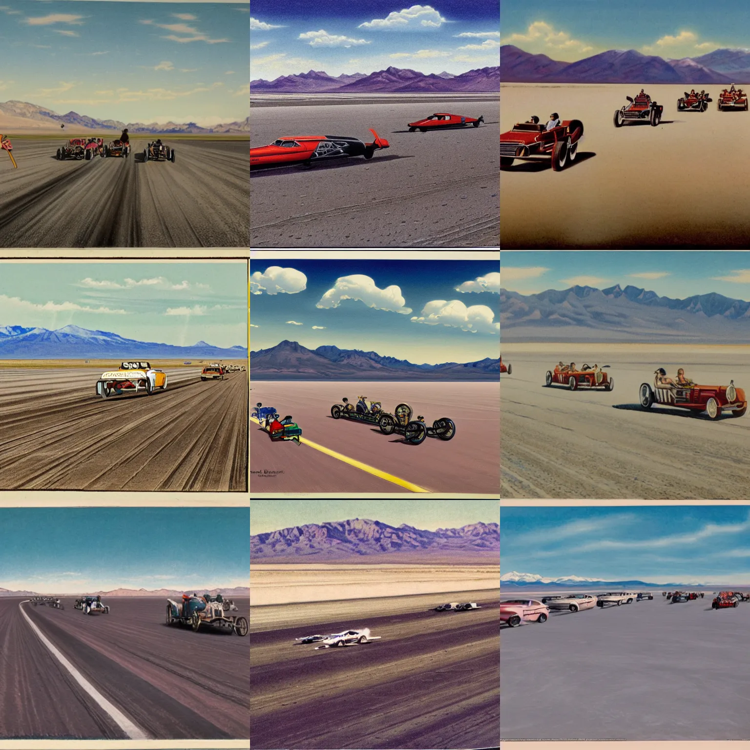 Prompt: public domain chromolithograph of a drag race on the bonneville salt flats