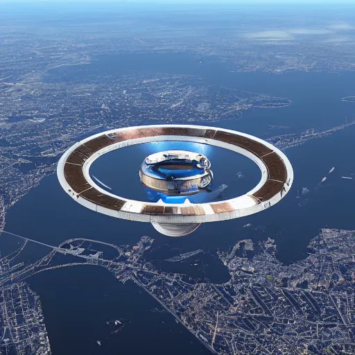 Image similar to a giant ring-shaped space station encircling a modern city hovering above the city, the ring is horizontal, surrounding the city, there are thick clouds surrounding the ring. In the center of the ring is clear blue sky