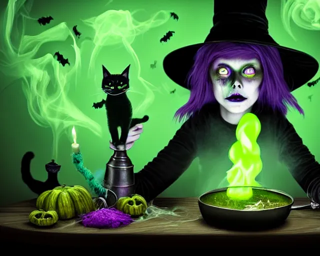 Image similar to close up portrait, spooky teen witch mixing a spell in a cauldron, a cat is on the table, wispy green and purple smoke fills the air, a witch hat, cinematic, green glowing smoke is coming out of the cauldron, strange ingredients on the table, strange apothecary shelves in the background, scary stories to tell in the dark