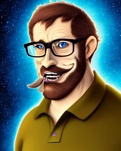 Prompt: cell shaded, husky, closed - mouth, nerdy man character portrait, on an alien planet, wearing polo shirt, earth tones, dark auburn wavy hair, full beard, glasses without frames, freckles, illustrated by don bluth, highly detailed, dynamic shadows, 4 k, wallpaper - 1 0 2 4