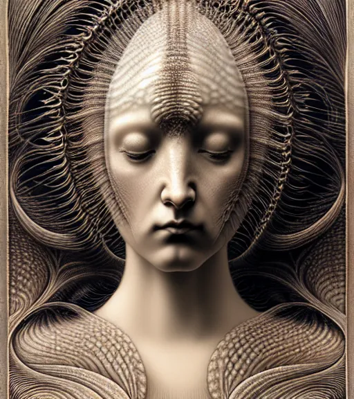 Image similar to detailed realistic beautiful clam goddess face portrait by jean delville, gustave dore, iris van herpen and marco mazzoni, art forms of nature by ernst haeckel, art nouveau, symbolist, visionary, gothic, neo - gothic, pre - raphaelite, fractal lace, intricate alien botanicals, ai biodiversity, surreality, hyperdetailed ultrasharp octane render