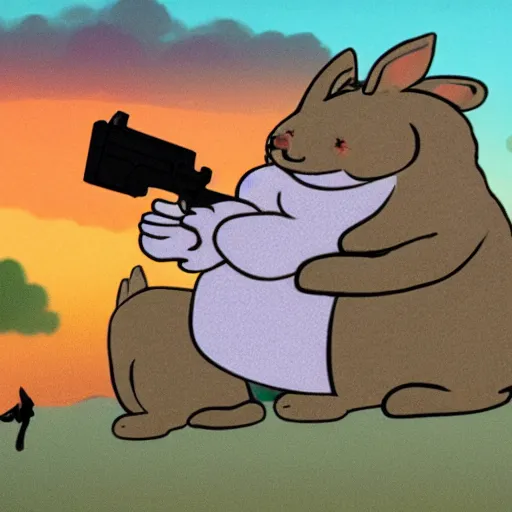 Image similar to fuzzy big chungus holding two mac - 1 0 s, shooting into the sky