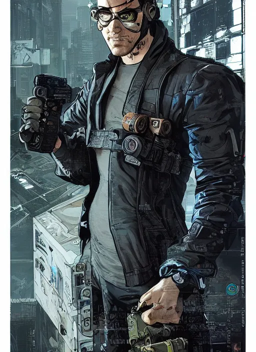 Image similar to cyberpunk factor worker. portrait by ashley wood and alphonse mucha and laurie greasley and josan gonzalez and james gurney. splinter cell, apex legends, rb 6 s, hl 2, d & d, cyberpunk 2 0 7 7. realistic face. character clothing. vivid color. dystopian setting.