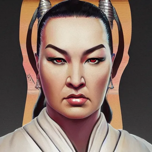 Image similar to steven seagal female, jedi master, wearing the traditional jedi robe, beautiful and uniquely odd looking, detailed symmetrical close up portrait, intricate complexity, in the style of artgerm and ilya kuvshinov, magic the gathering, star wars art