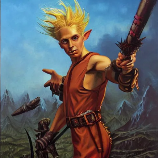 Image similar to an elf with spiky blonde hair wearing dark brown overalls and holding dynamite. painting by Gerald Brom