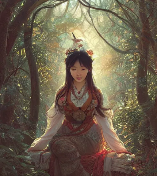 Prompt: beautiful cottagecore Asian woman, intricate, magical forest, stunning, highly detailed, digital painting, artstation, concept art, smooth, sharp, focus, illustration, art by artgerm and greg rutkowski and alphonse mucha