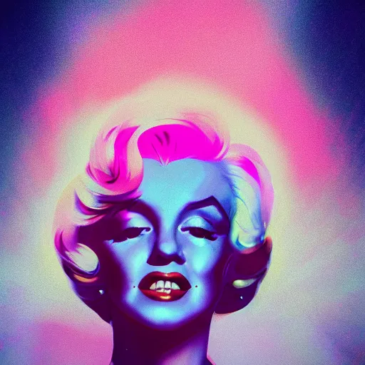 Image similar to long Shot of psychedelic Marilyn Monroe standing in misty chromatic astral temple , stylish, lsd, soft, trending on artstation, cinematic, artwork by WLOP