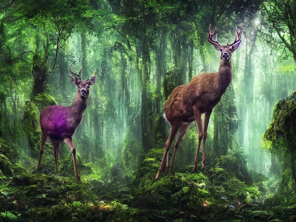 Image similar to a fantasy beautiful dense biorelevant enchanted rainforest setting, ultrawide angle, a deer made of bright neon ether light sparkle, cinematic lighting, extremely emotional, extremely dramatic, surround it with pixie dust ether floating in the air, hdr, epic scale, cmyk, deep spectrum color