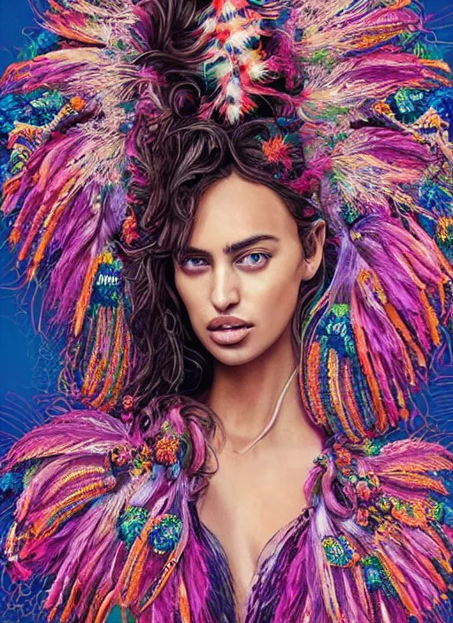 Image similar to beautiful portrait of Irina Shayk wearing fantastic Hand-dyed cotton dress,embellished beaded feather decorative fringe knots ,colorful pigtail,subtropical flowers and plants,symmetrical face,intricate,elegant,highly detailed,8k,post-processing,digital painting,trending on pinterest,harper's bazaar,concept art, sharp focus, illustration, by artgerm,Tom Bagshaw,Lawrence Alma-Tadema,greg rutkowski,alphonse Mucha