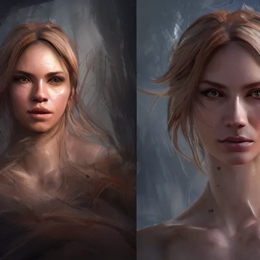 Image similar to portrait of beautiful woman - raw as a legendary ninja warrior, au naturel, hyper detailed, digital art, trending in artstation, cinematic lighting, studio quality, smooth render, unreal engine 5 rendered, octane rendered, art style by klimt and nixeu and ian sprigger and wlop and krenz cushart.
