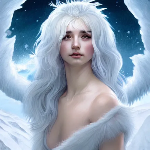 Image similar to portrait of mighty baby harp seal, greek god, white hair, soft hair, d & d, muscular, ice and glaciers, arctic, fantasy, intricate, elegant, highly detailed, digital painting, artstation, concept art, smooth, sharp focus, illustration, art by artgerm and greg rutkowski and alphonse mucha