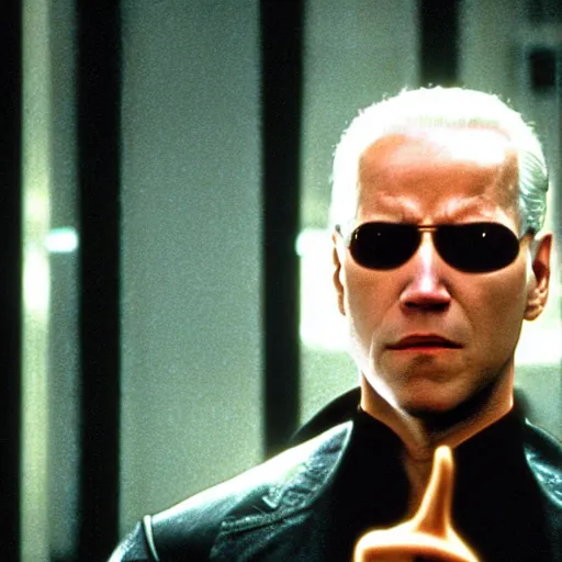 Prompt: a still from the film the matrix, starring joe biden