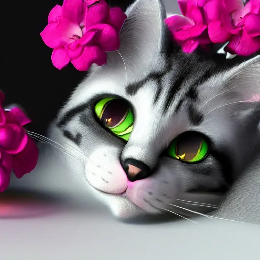 Prompt: tabi cat with flowers, anime, disney, pixar, 8 k, hd, dof, kodak film, volumetric lighting, subsurface scattering, photorealistic, octane render, details