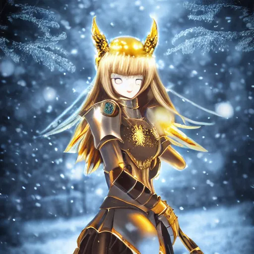 Prompt: portrait focus of beautiful darkness knight 3D anime girl, golden armor wearing, dark forest background, snowing, bokeh, inspired by Masami Kurumada, digital painting, high contrast, octane render, volumetric lighting, high détail