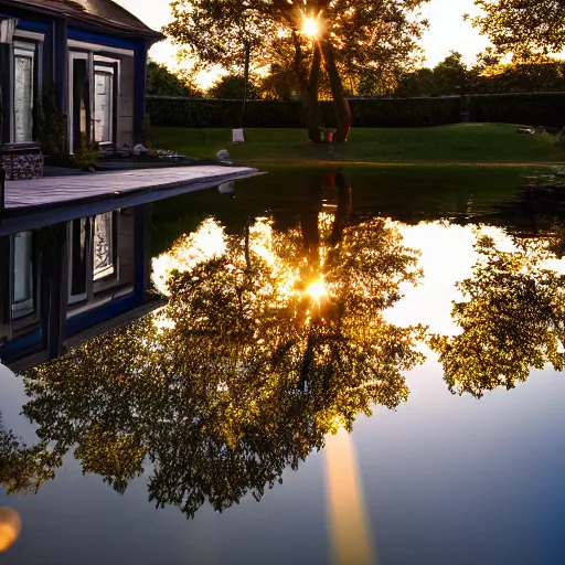 Prompt: reflective pond in the backyard of a millionaire mansion, golden hour, 8 k
