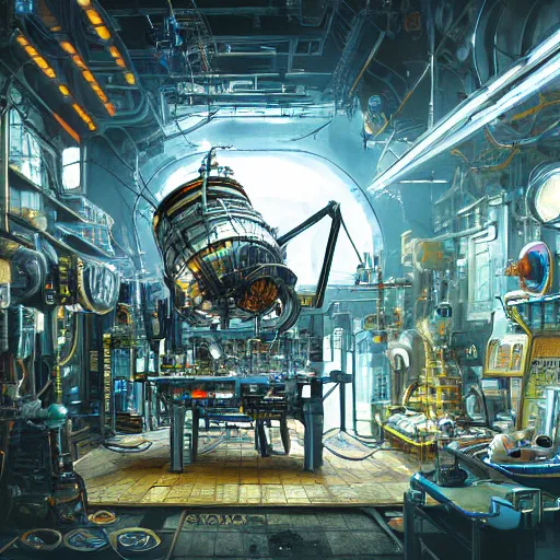 Image similar to fusion reactor in a cyberpunk tinkerer's workshop cryengine render by android jones, james christensen, rob gonsalves, and tim white