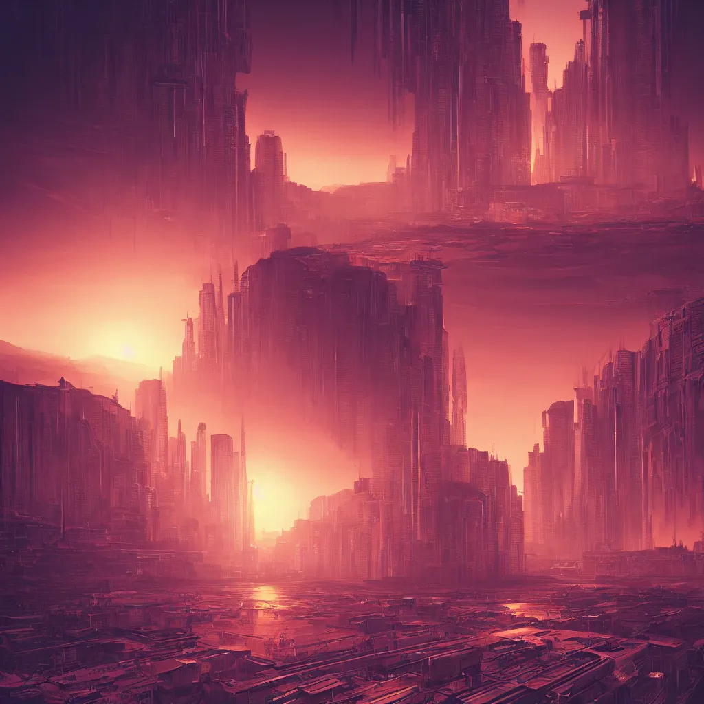 Image similar to the sun is setting over a city on mars, cyberpunk art by alena aenami, featured on deviantart, digital art, matte drawing, matte painting, speedpainting