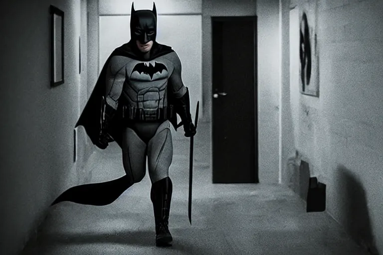 Prompt: batman wielding axe, chasing man through hallway, atmospheric eerie lighting, bodycam footage, photograph