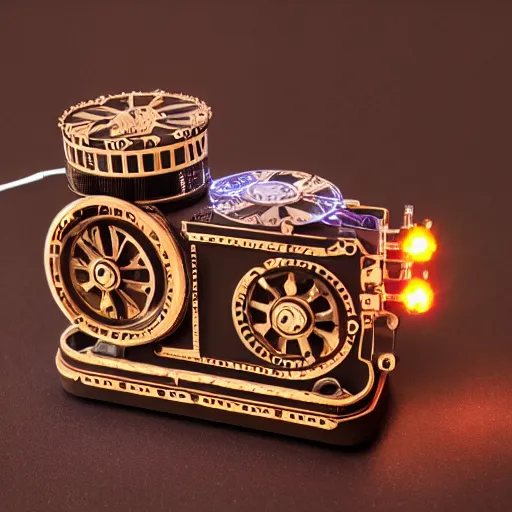 Image similar to tiny mechanical movie prop with led lights, intricate and detailed