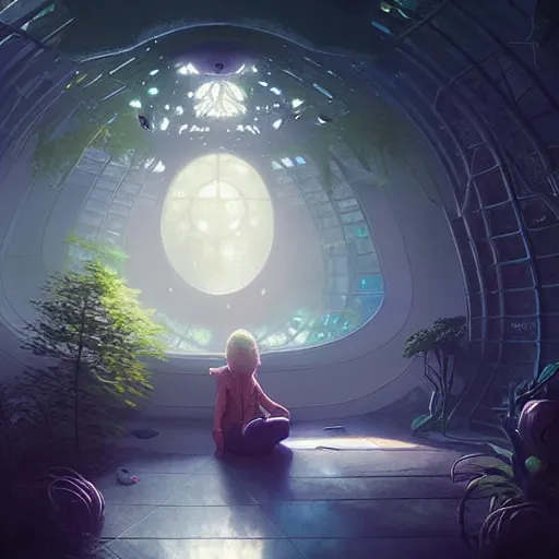 Image similar to , teenager in sci - fi forest green house, spaceship,, stephen bliss, misty, unreal engine, pixar, fantasy art by greg rutkowski, loish, ferdinand knab, and lois van rossdraws, global illumination, radiant light, minimalist, detailed and intricate environment