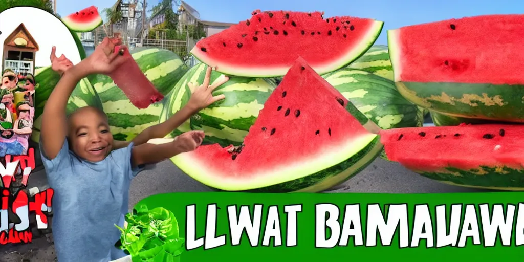 Image similar to YouTube thumbnail about giant watermelon rampage town